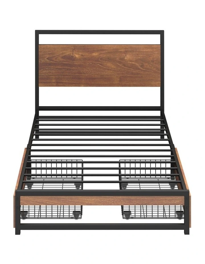 Oikiture Metal Bed Frame Single Size Beds Base Platform with 2 Drawers Black image 2