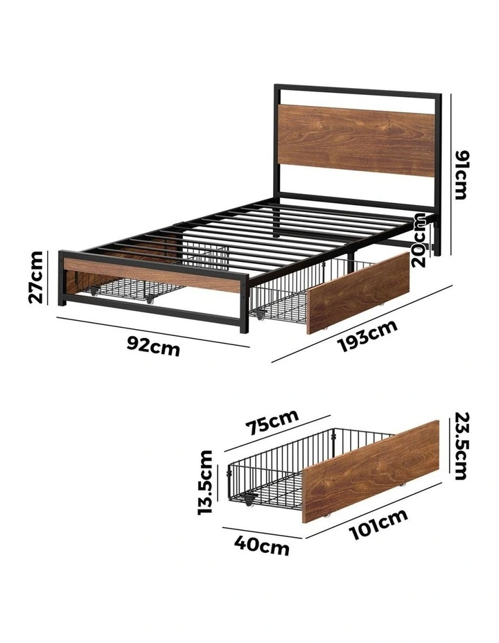 Oikiture Metal Bed Frame Single Size Beds Base Platform with 2 Drawers Black image 3