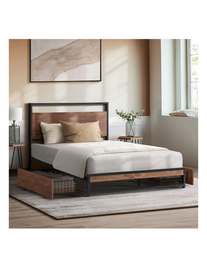 Oikiture Metal Bed Frame Single Size Beds Base Platform with 2 Drawers Black image 4