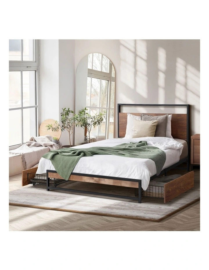 Oikiture Metal Bed Frame Single Size Beds Base Platform with 2 Drawers Black image 7