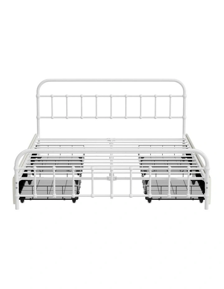 Oikiture Metal Bed Frame Queen Size Bed Base with 4 Drawers White image 2