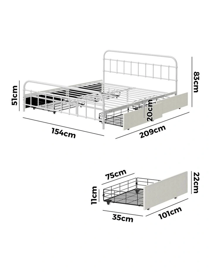 Oikiture Metal Bed Frame Queen Size Bed Base with 4 Drawers White image 3