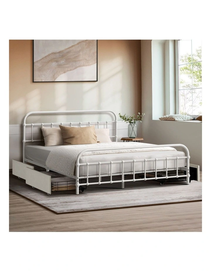 Oikiture Metal Bed Frame Queen Size Bed Base with 4 Drawers White image 4