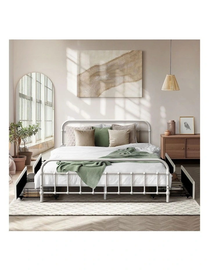 Oikiture Metal Bed Frame Queen Size Bed Base with 4 Drawers White image 5