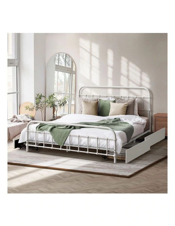 Oikiture Metal Bed Frame Queen Size Bed Base with 4 Drawers White image 7