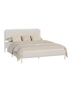Oikiture Metal Bed Frame Queen Size Tufted Bedhead Boucle Fabric Beige