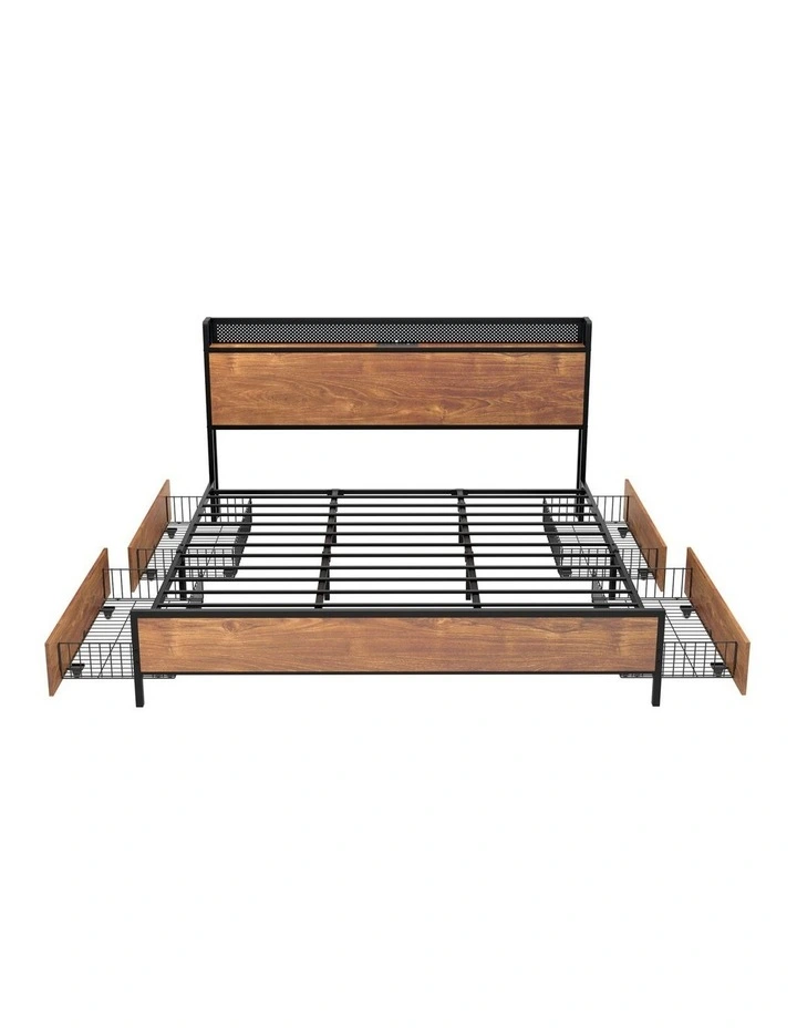 Oikiture Metal Bed Frame King Size with LED Headboard 4 Storage Drawers USB image 2