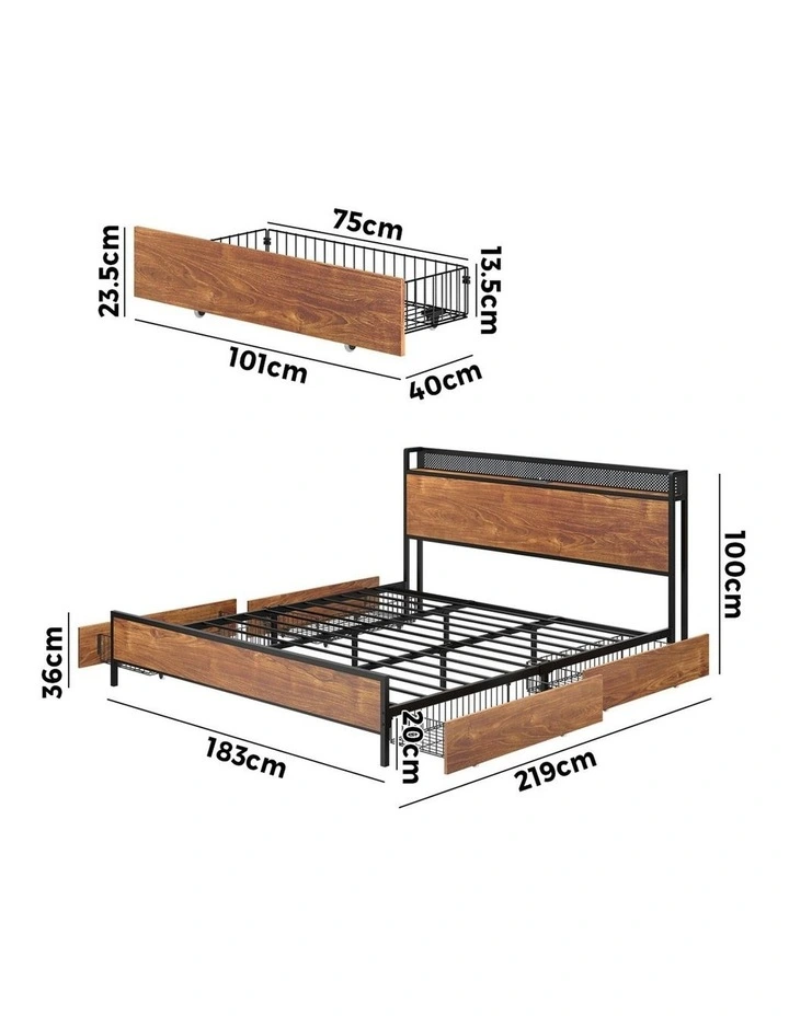 Oikiture Metal Bed Frame King Size with LED Headboard 4 Storage Drawers USB image 3