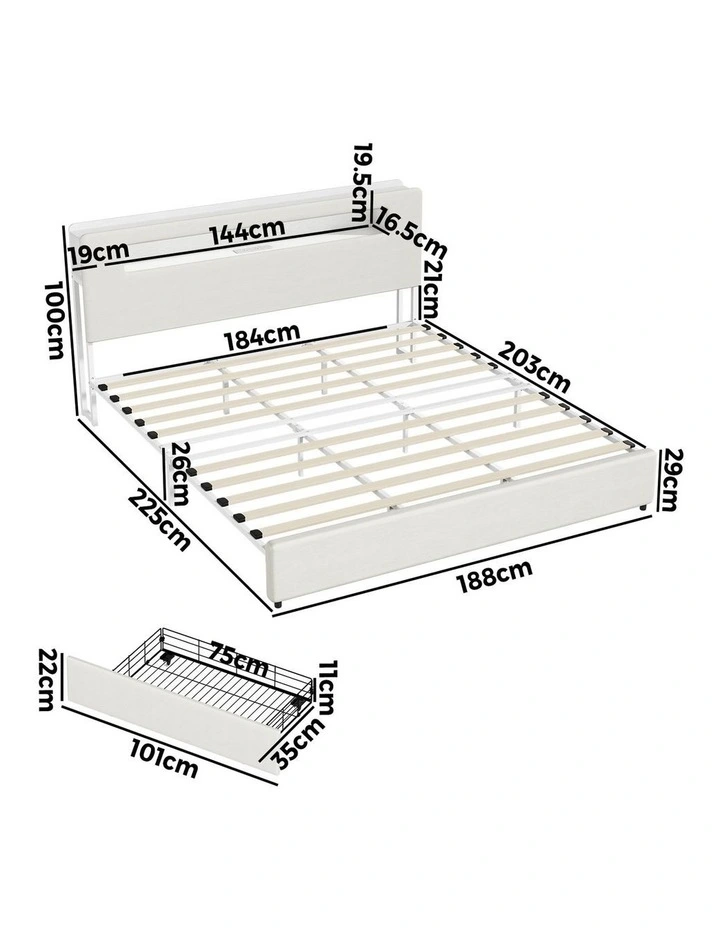 Oikiture Bed Frame 4 Drawers King Size with LED Charging Storage Bedhead image 3