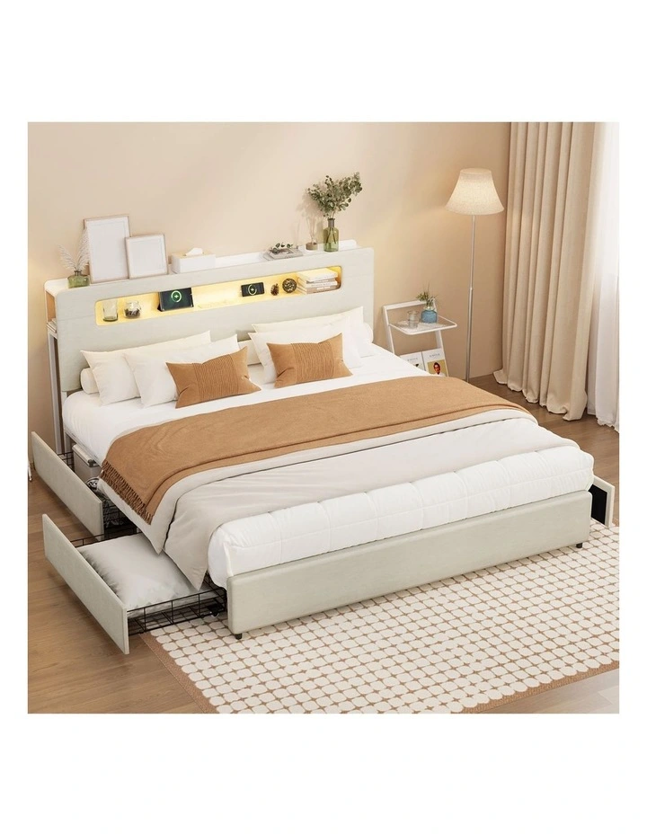 Oikiture Bed Frame 4 Drawers King Size with LED Charging Storage Bedhead image 4