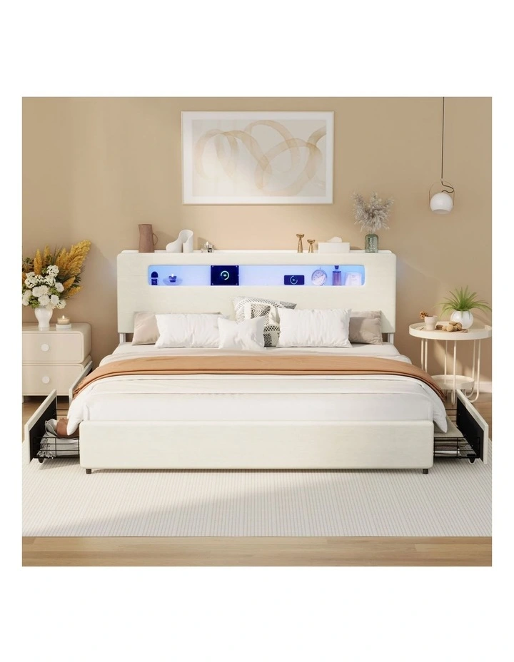 Oikiture Bed Frame 4 Drawers King Size with LED Charging Storage Bedhead image 5