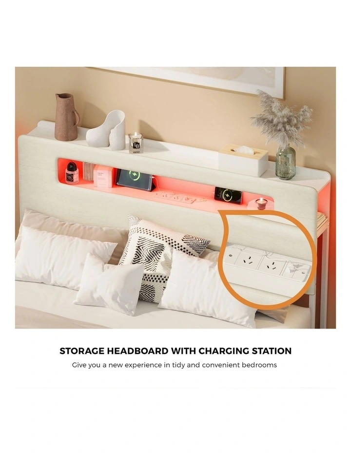 Oikiture Bed Frame Queen Size with LED Lights USB Charging Storage Headboad image 6