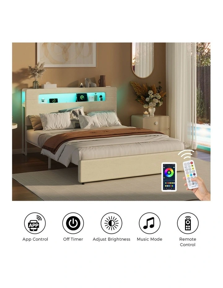 Oikiture Bed Frame Queen Size with LED Lights USB Charging Storage Headboad image 7