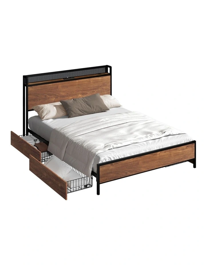 Oikiture Metal Bed Frame Queen Size with LED Headboard 4 Storage Drawers USB image 1