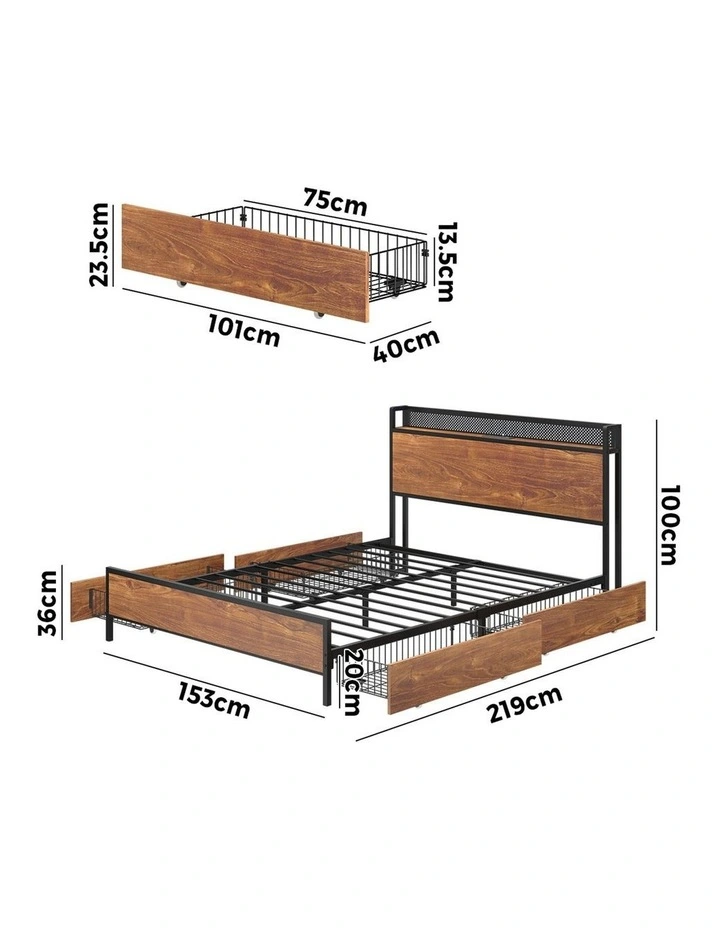 Oikiture Metal Bed Frame Queen Size with LED Headboard 4 Storage Drawers USB image 3