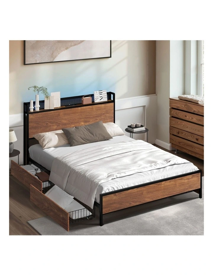 Oikiture Metal Bed Frame Queen Size with LED Headboard 4 Storage Drawers USB image 4