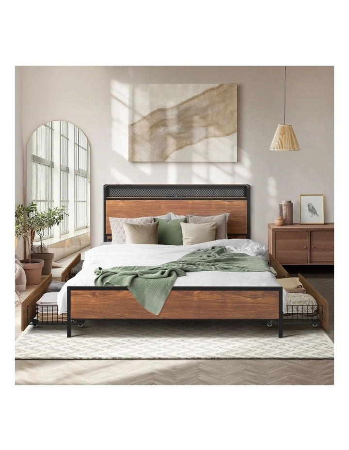 Oikiture Metal Bed Frame Queen Size with LED Headboard 4 Storage Drawers USB image 5