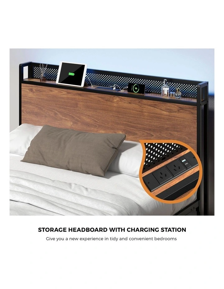 Oikiture Metal Bed Frame Queen Size with LED Headboard 4 Storage Drawers USB image 6