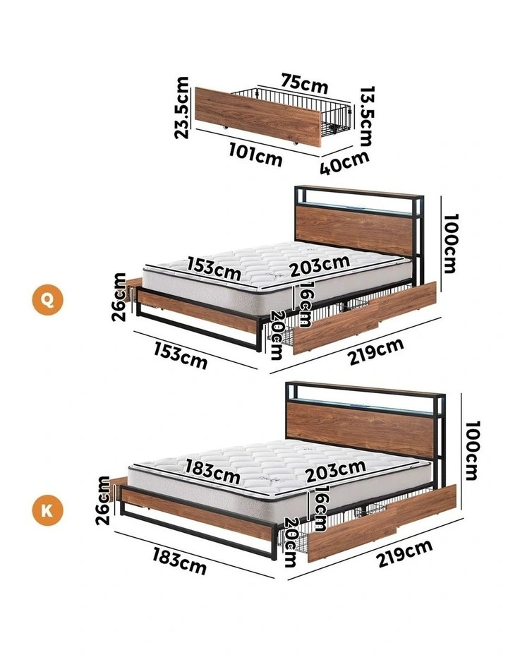 Oikiture Metal Bed Frame Queen Size LED 4 Storage Drawers USB with Mattress image 3