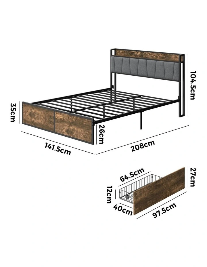 Oikiture Double Metal Bed Frame Storage Headboard AC USB Charge image 3