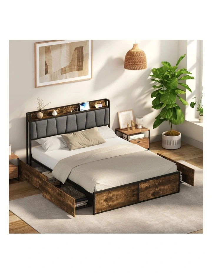 Oikiture Double Metal Bed Frame Storage Headboard AC USB Charge image 4
