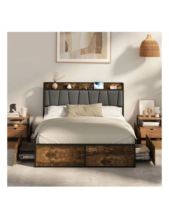 Oikiture Double Metal Bed Frame Storage Headboard AC USB Charge image 5