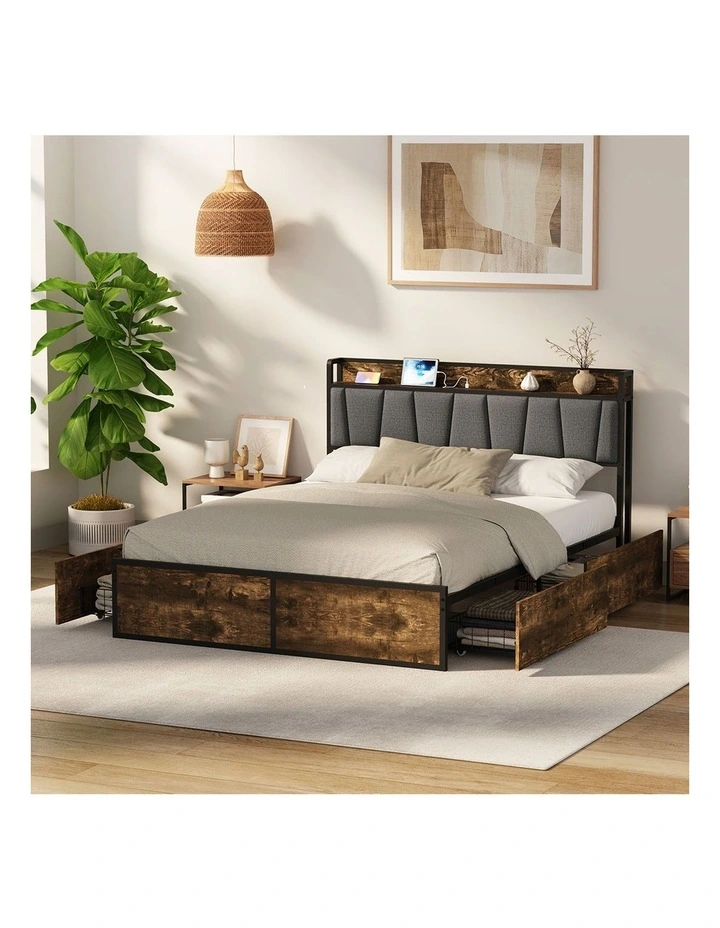 Oikiture Double Metal Bed Frame Storage Headboard AC USB Charge image 7