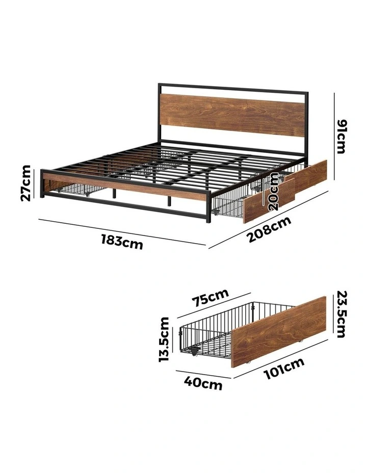 Oikiture Metal Bed Frame King Size Beds Base Platform with 4 Drawers Black image 3