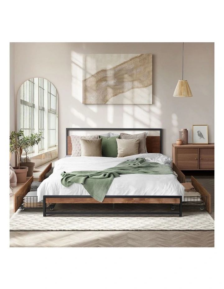 Oikiture Metal Bed Frame King Size Beds Base Platform with 4 Drawers Black image 5