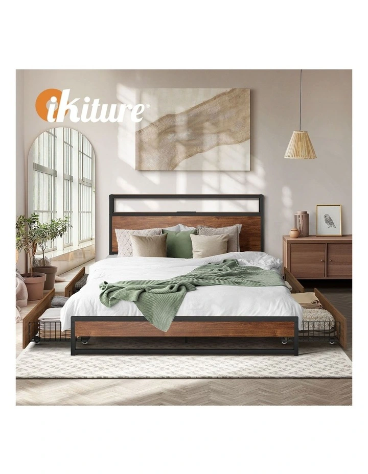 Oikiture 4x Bed Frame Storage Drawers with Wheels Metal Brown image 7