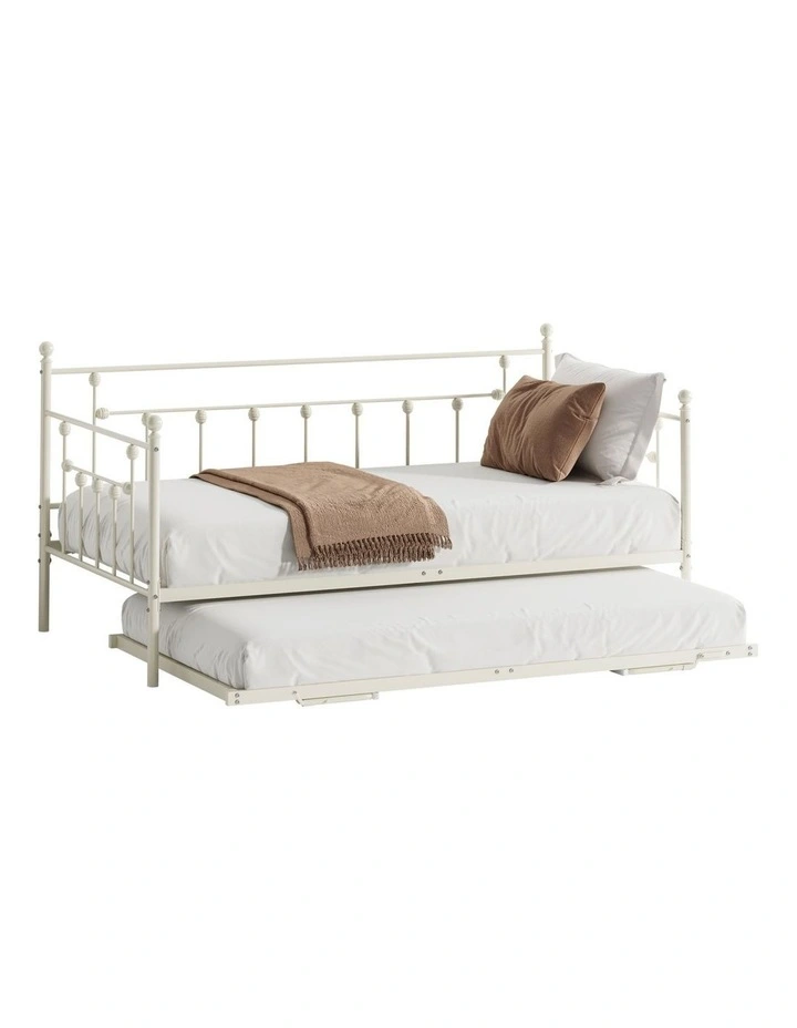 Oikiture Trundle Bed Frame Daybed Single Size Base Metal 2x Single Beds Beige image 1