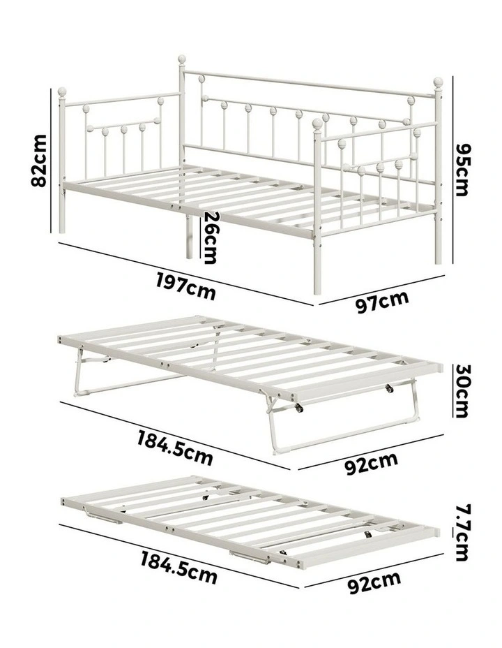 Oikiture Trundle Bed Frame Daybed Single Size Base Metal 2x Single Beds Beige image 3