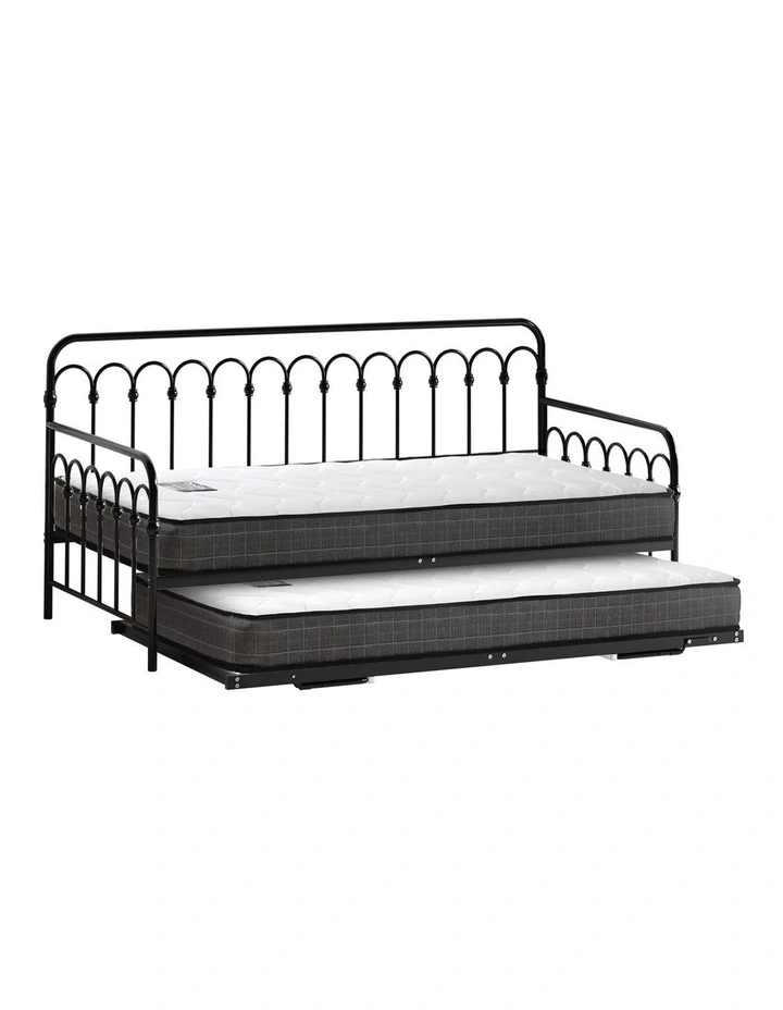 Oikiture Trundle Bed Frame Daybed Single Size Metal Base Black with Mattress x2 image 1
