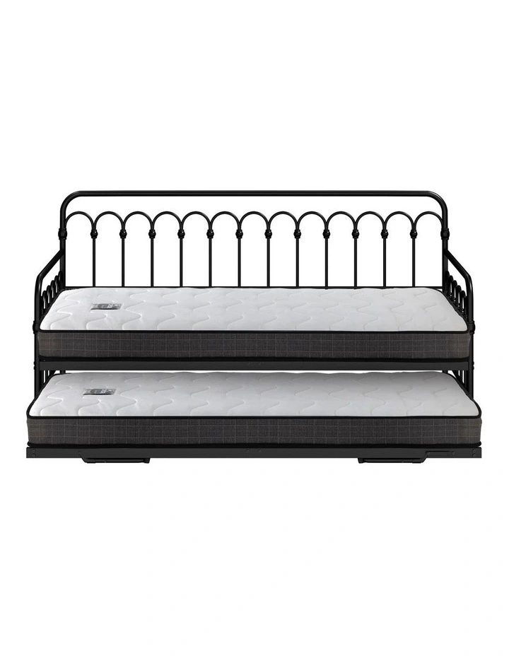 Oikiture Trundle Bed Frame Daybed Single Size Metal Base Black with Mattress x2 image 2