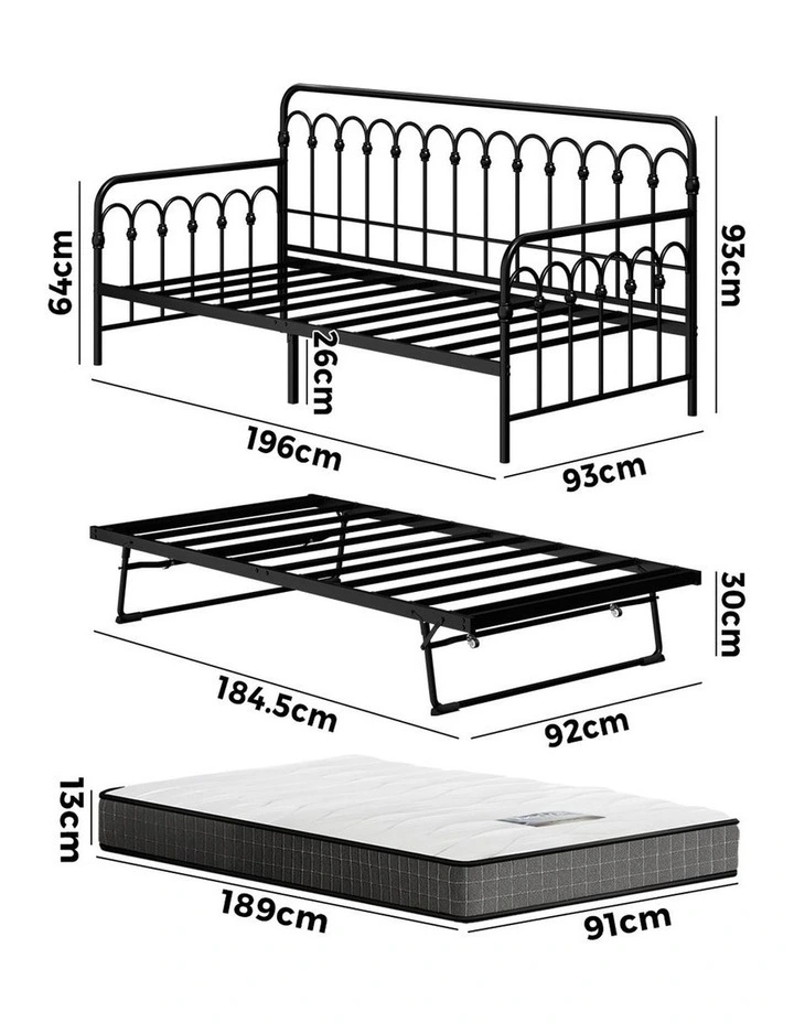Oikiture Trundle Bed Frame Daybed Single Size Metal Base Black with Mattress x2 image 3