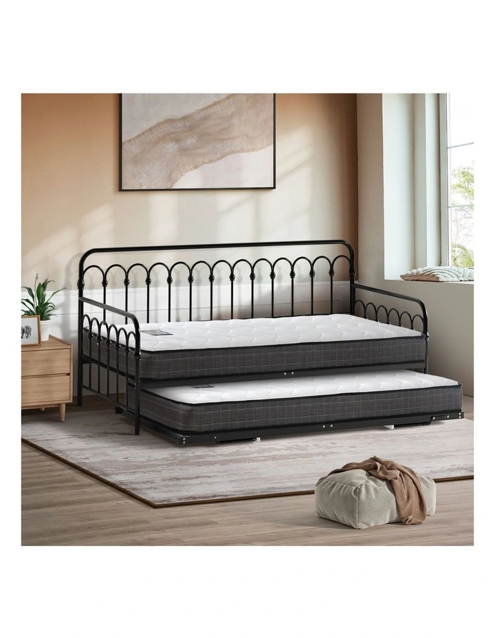Oikiture Trundle Bed Frame Daybed Single Size Metal Base Black with Mattress x2 image 4