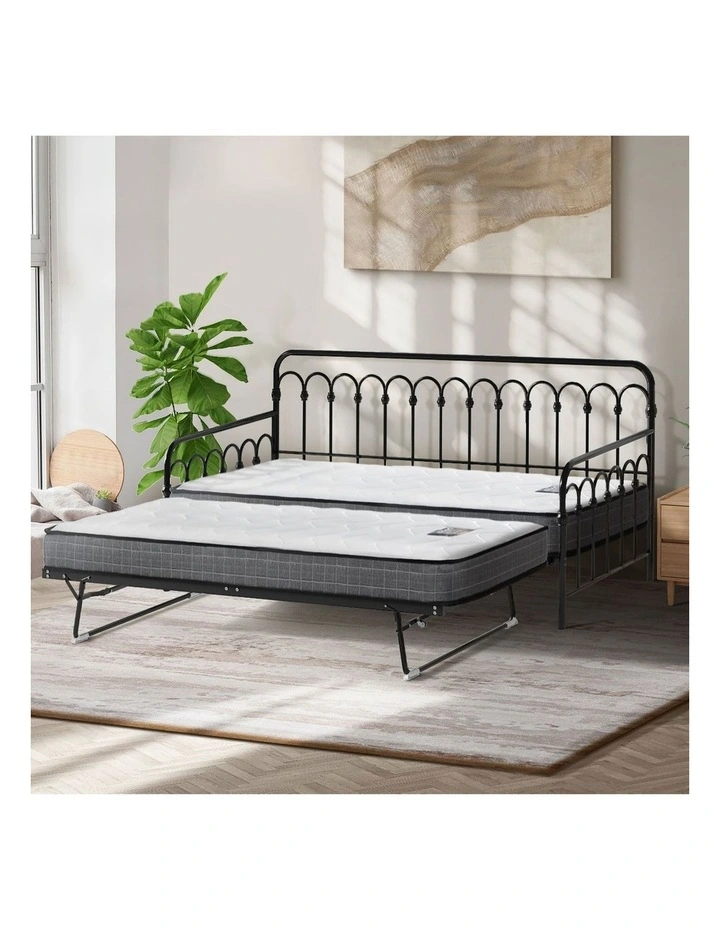 Oikiture Trundle Bed Frame Daybed Single Size Metal Base Black with Mattress x2 image 5