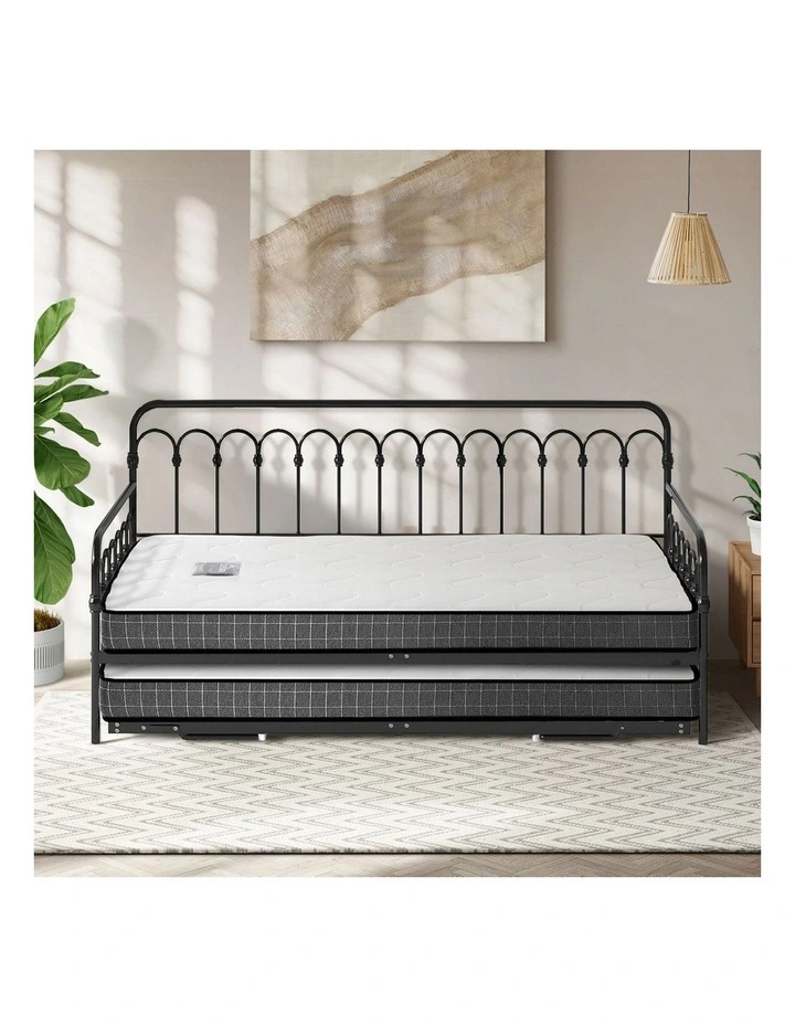Oikiture Trundle Bed Frame Daybed Single Size Metal Base Black with Mattress x2 image 7