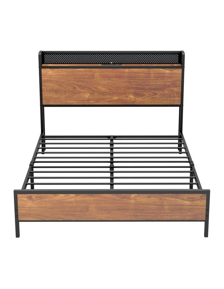 Oikiture Metal Bed Frame Double Size LED Light USB Charge Storage Headboard image 2