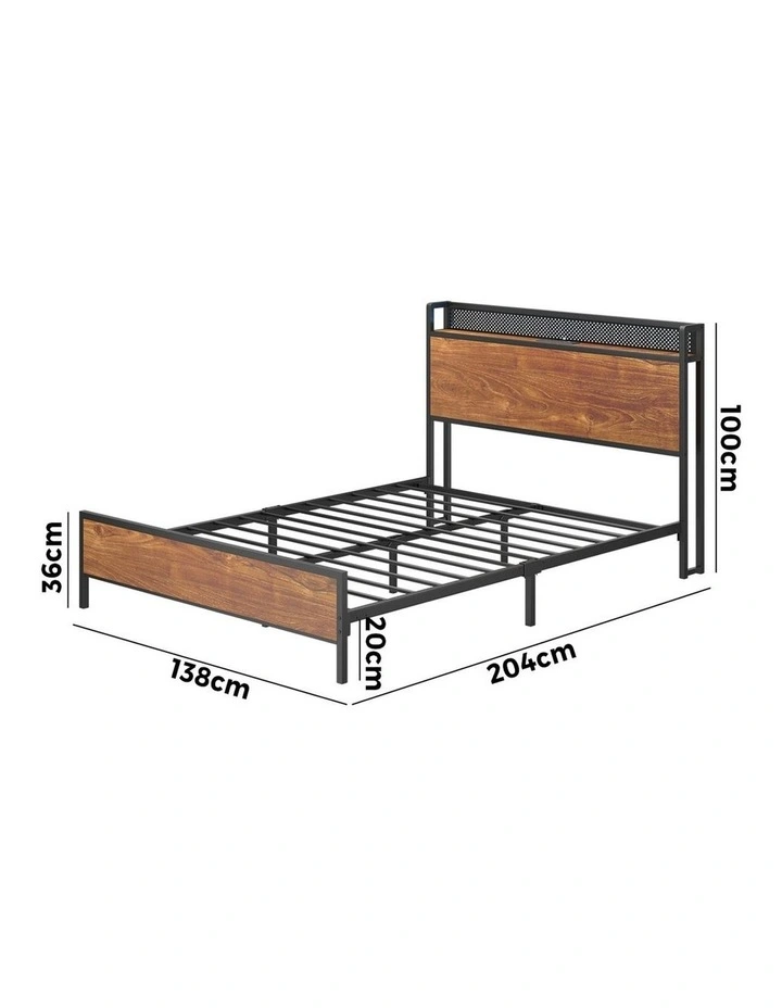 Oikiture Metal Bed Frame Double Size LED Light USB Charge Storage Headboard image 3
