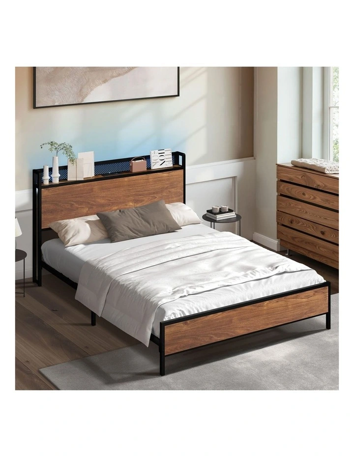 Oikiture Metal Bed Frame Double Size LED Light USB Charge Storage Headboard image 4