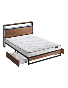 Oikiture Metal Bed Frame Double Size LED 2 Storage Drawers USB with Mattress