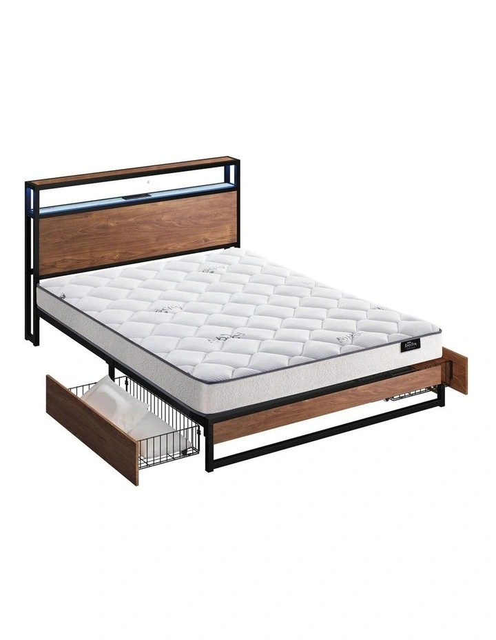 Oikiture Metal Bed Frame Double Size LED 2 Storage Drawers USB with Mattress image 1