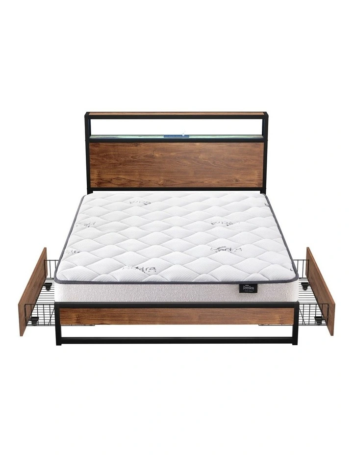 Oikiture Metal Bed Frame Double Size LED 2 Storage Drawers USB with Mattress image 2