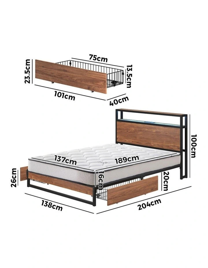 Oikiture Metal Bed Frame Double Size LED 2 Storage Drawers USB with Mattress image 3