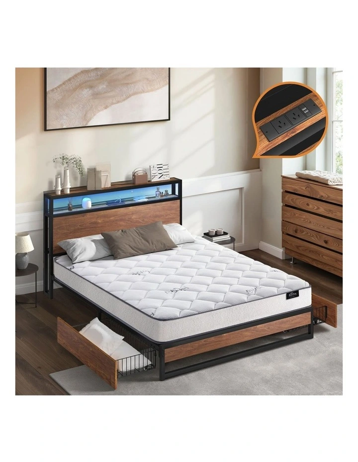 Oikiture Metal Bed Frame Double Size LED 2 Storage Drawers USB with Mattress image 4