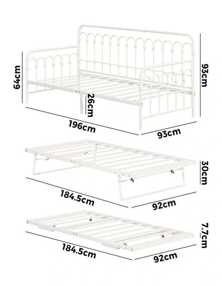 Oikiture Trundle Bed Frame Daybed Single Size Base Metal Single Beds x2 Beige image 3