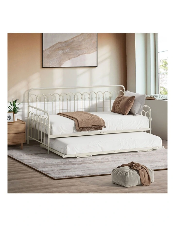 Oikiture Trundle Bed Frame Daybed Single Size Base Metal Single Beds x2 Beige image 4