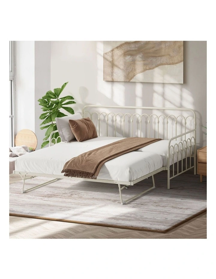 Oikiture Trundle Bed Frame Daybed Single Size Base Metal Single Beds x2 Beige image 5