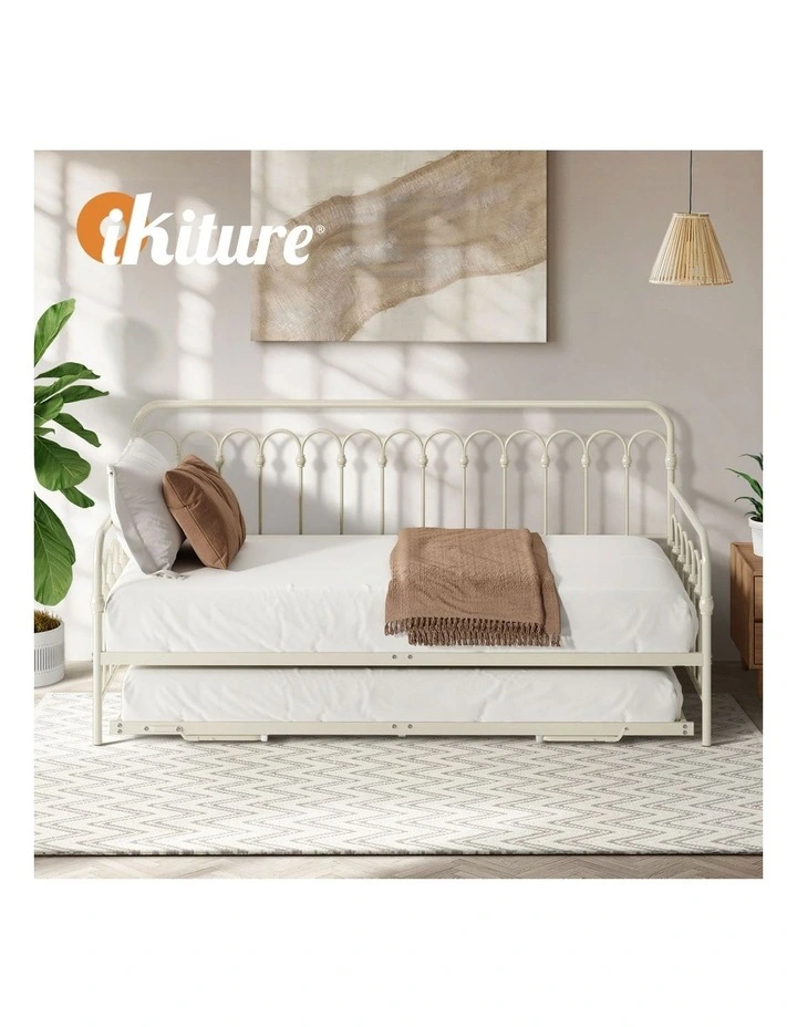 Oikiture Trundle Bed Frame Daybed Single Size Base Metal Single Beds x2 Beige image 7